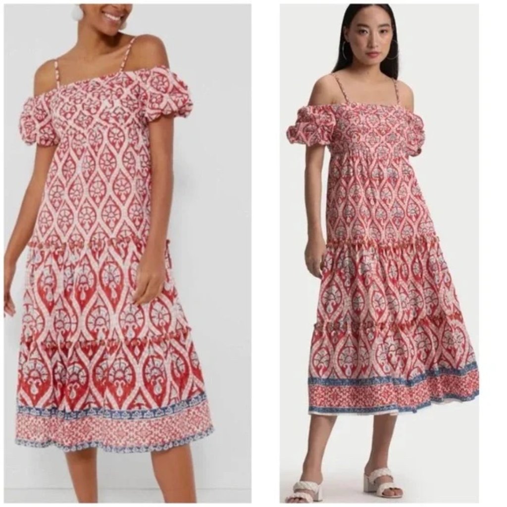 Tuckernuck Smocked Fenya Midi Dress Puff Sleeve Off Shoulder Multicolor Xs